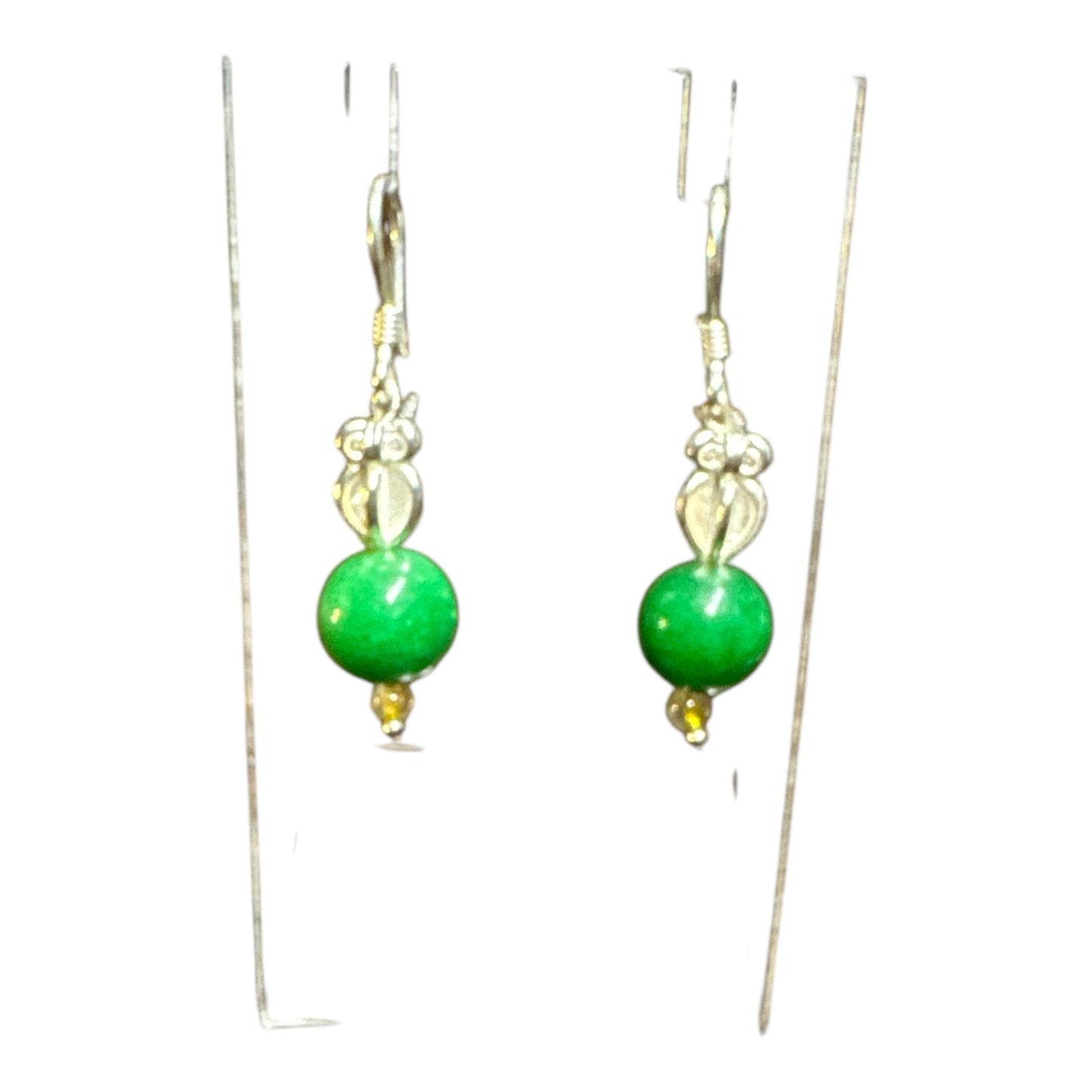 Silver Earrings Flowers Green Stone Hooks