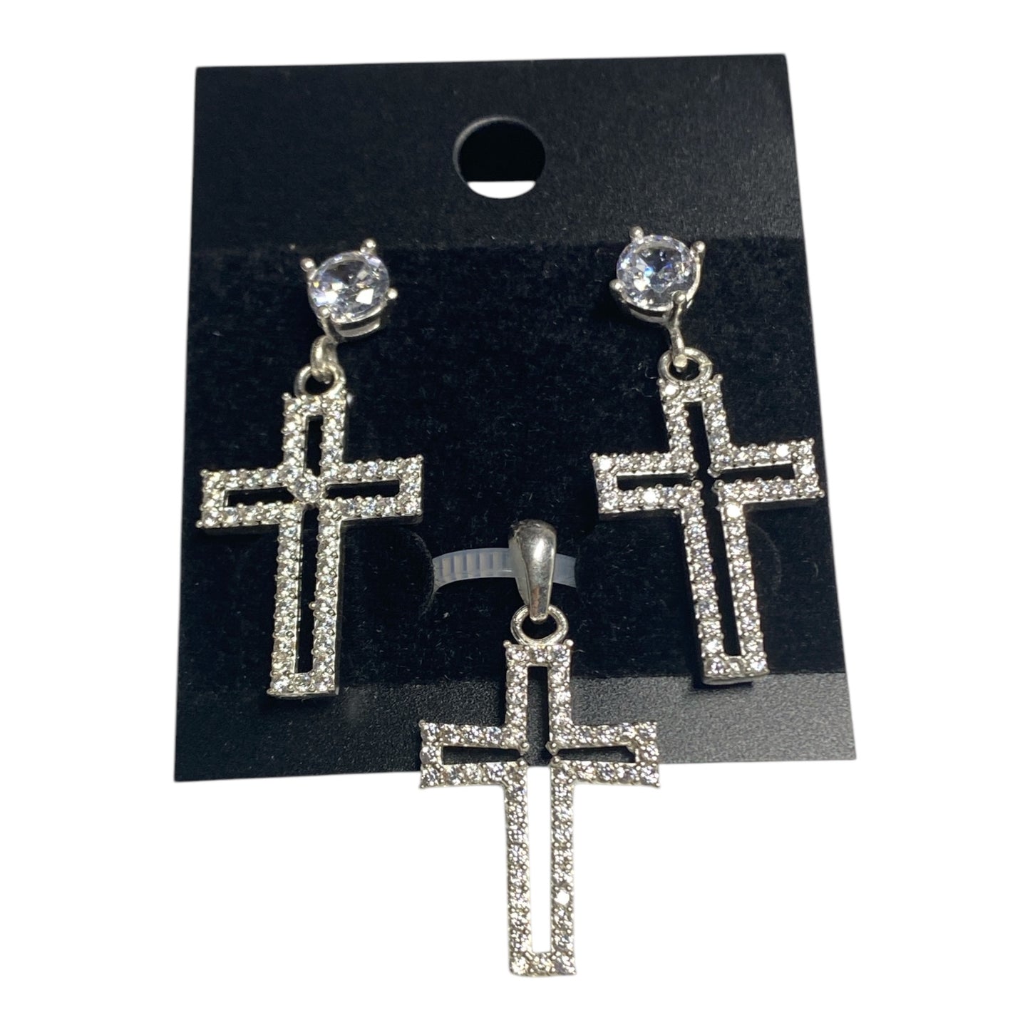 Silver Set Earrings Studs And Pendant Diamond Cross