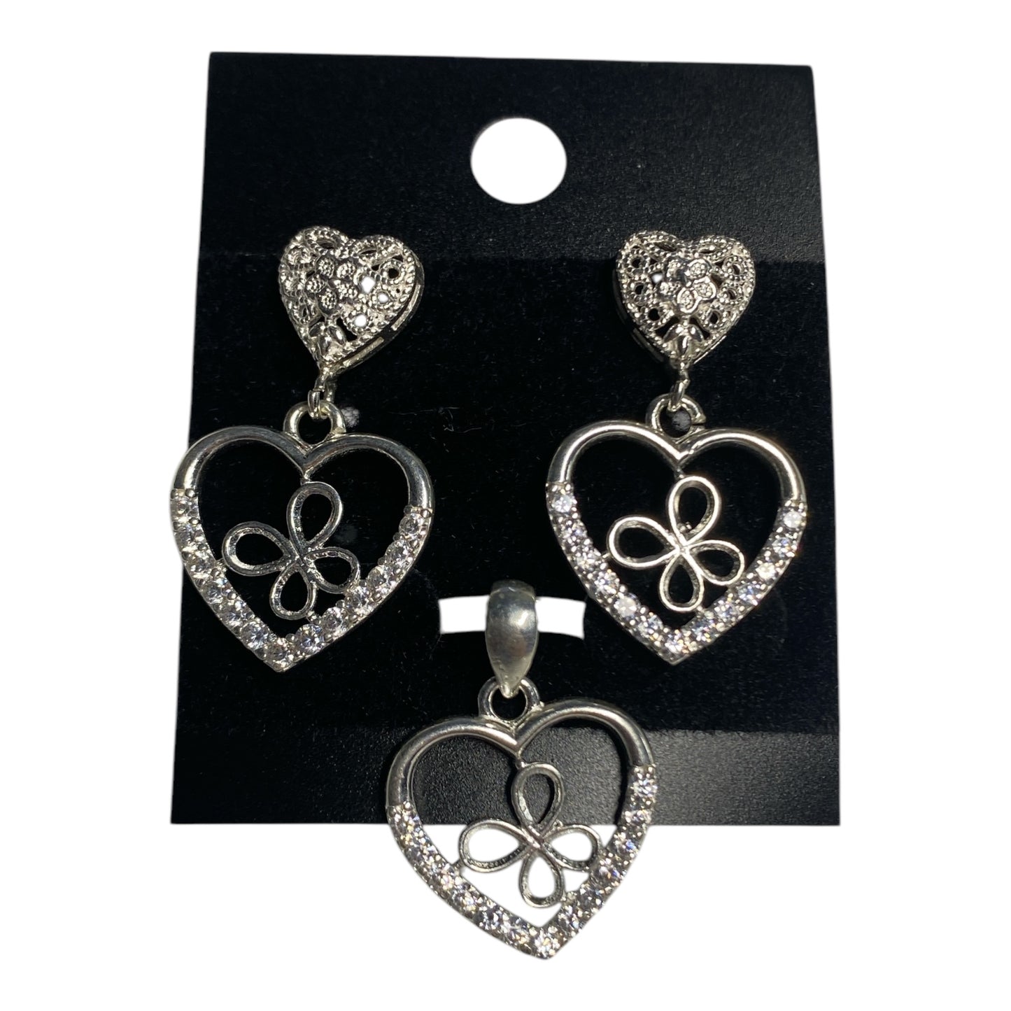 Silver Set Earrings Studs And Pendant Heart