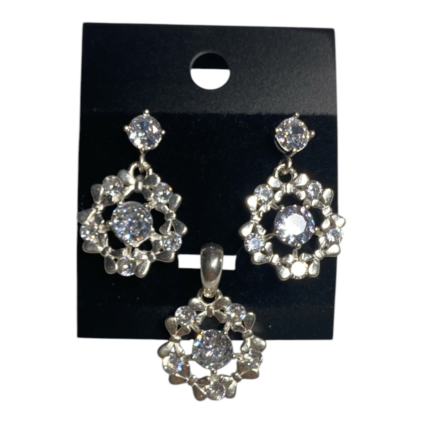 Silver Set Earrings Studs And Pendant Crystal Bows