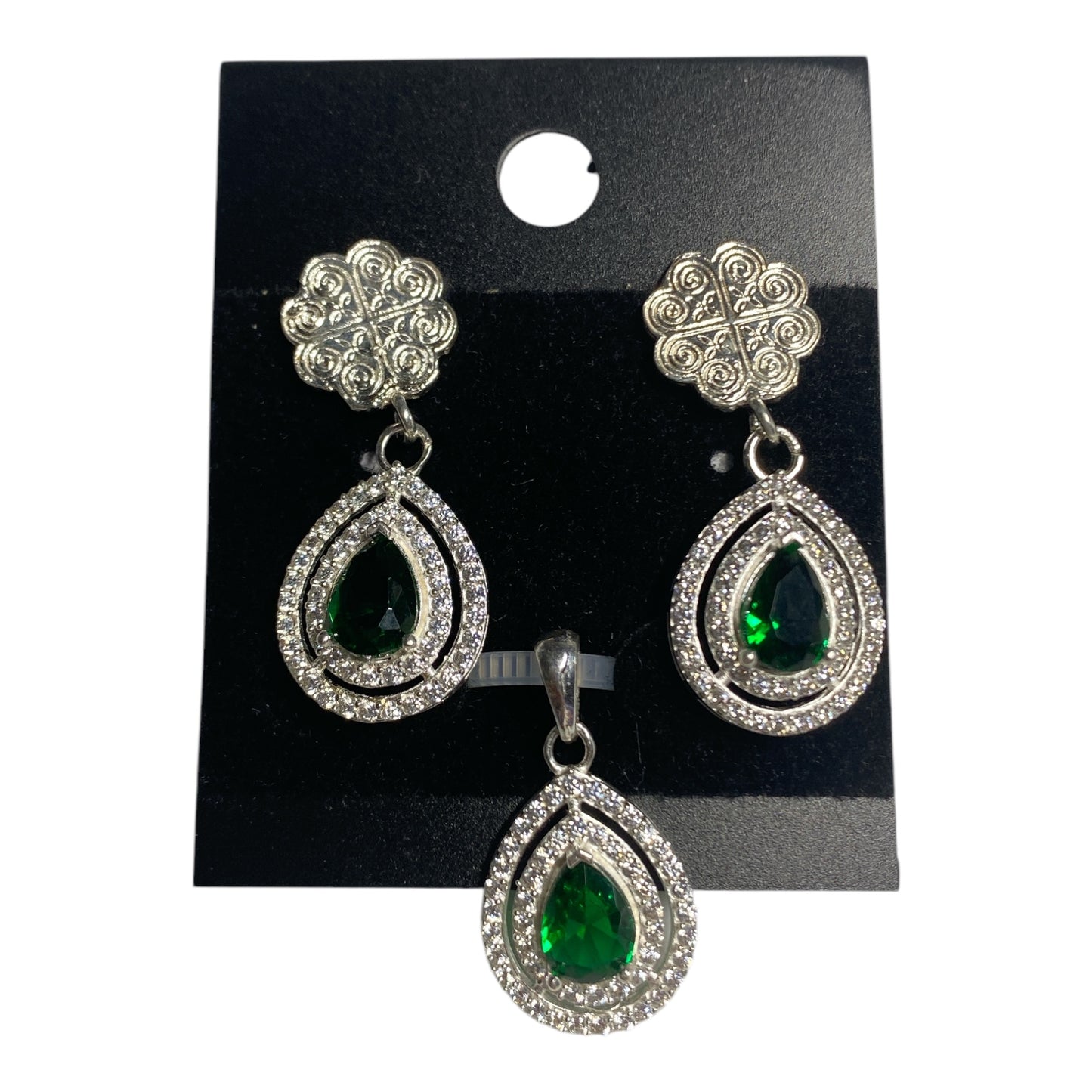 Silver Set Earrings Studs And Pendant Green Tear Drop