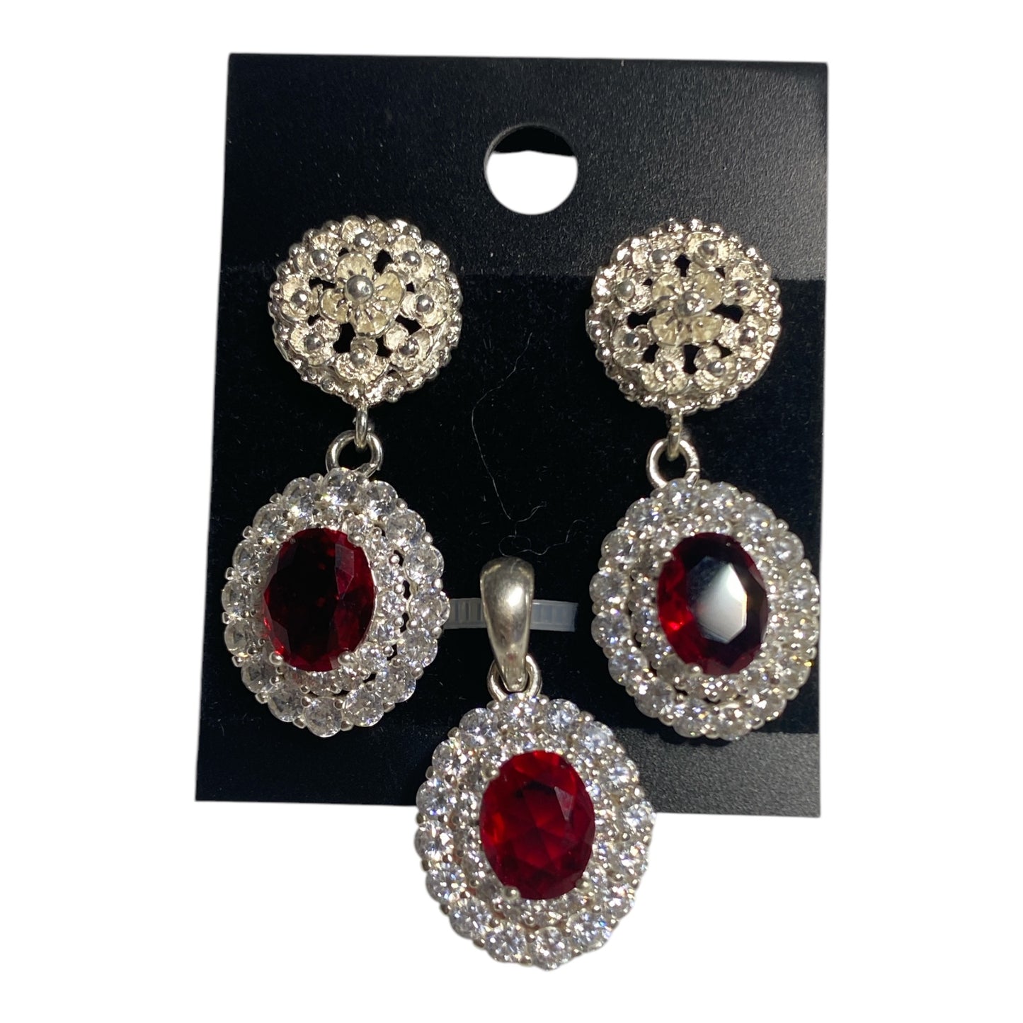 Silver Set Earrings Studs And Pendant Red